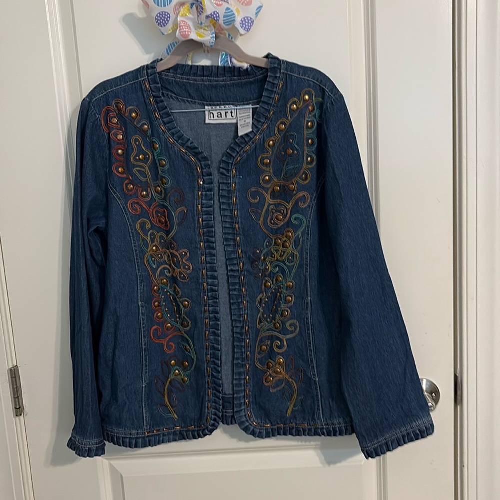 Boho Western Denim Embellished Open Front Jacket, Vintage 90s Karen Hart, Medium